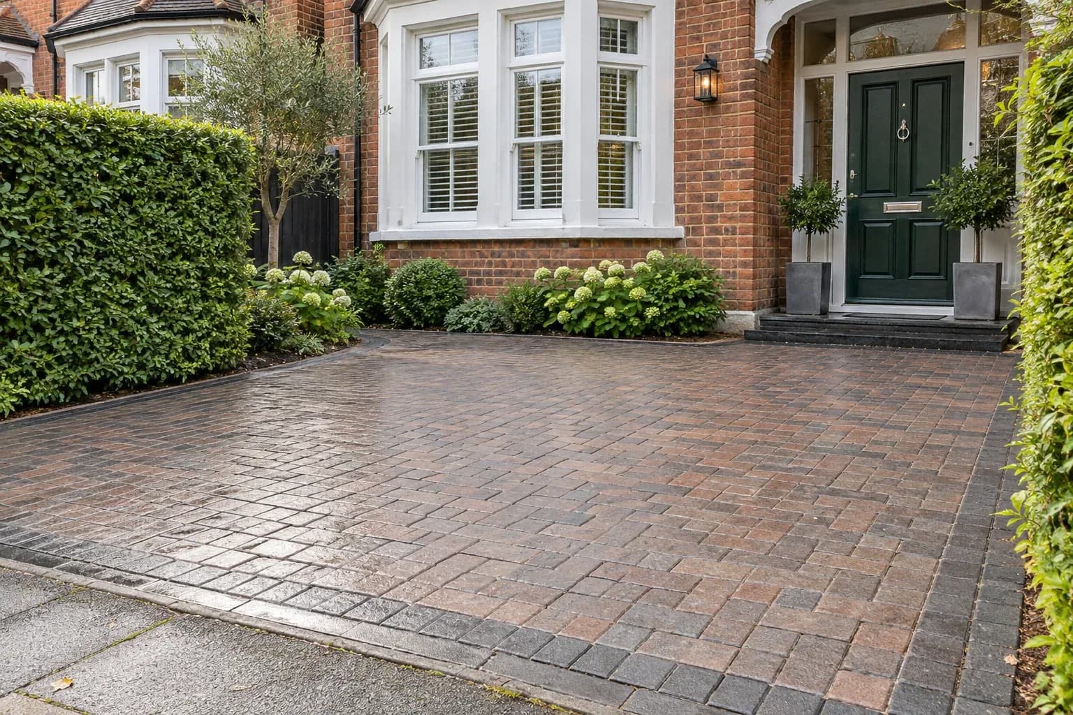 The same illustrative aged driveway visibly cleaner with restored block colour and natural remaining variation