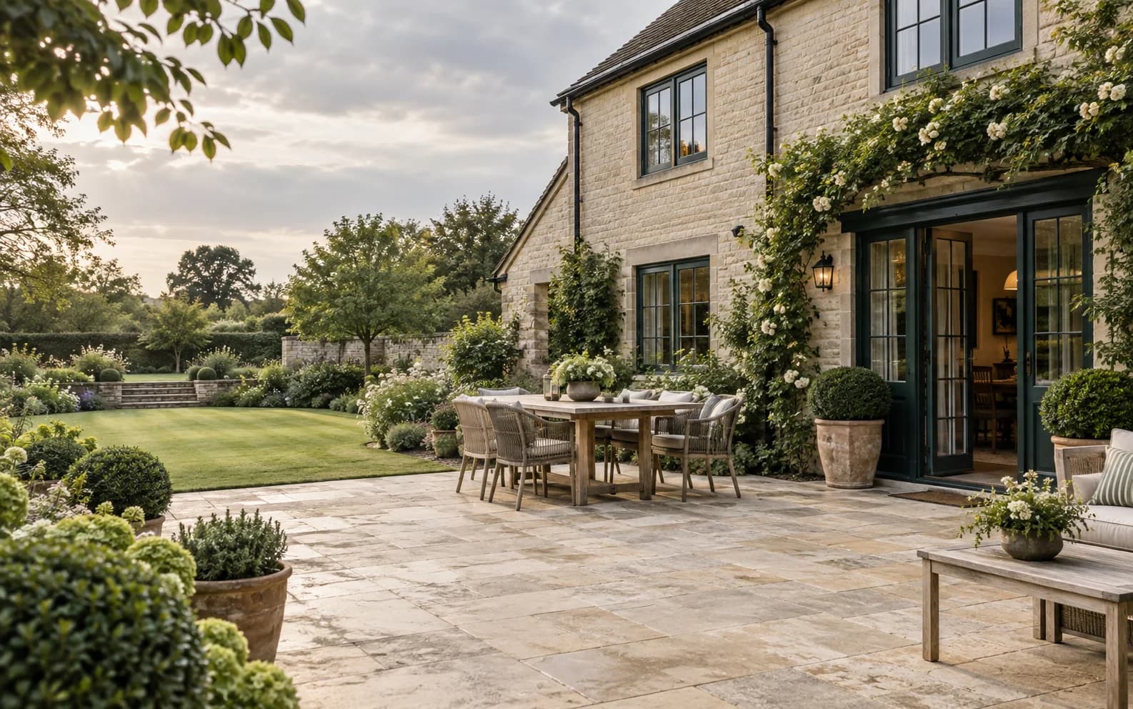 Warm stone patio and garden at a British home