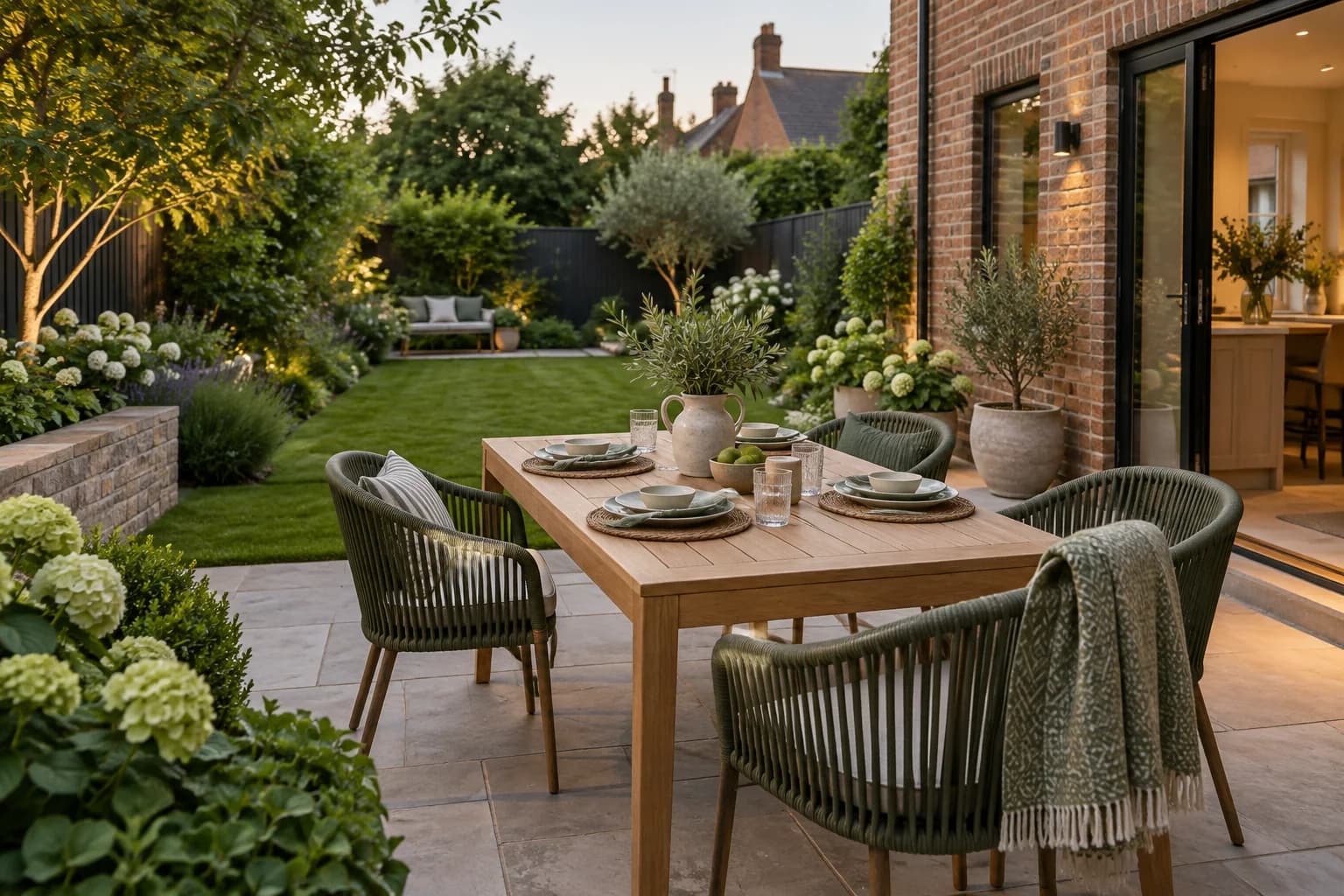 British garden dining area laid and ready for an evening outside