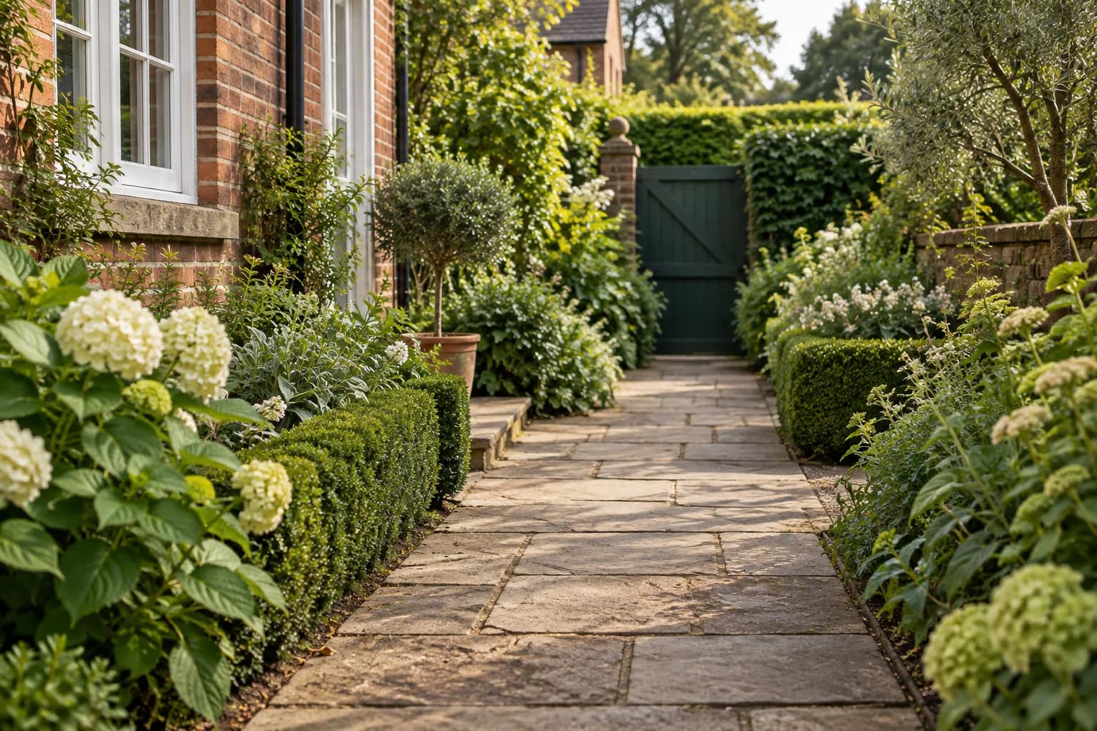 Cared-for stone garden path leading to a deep green gate